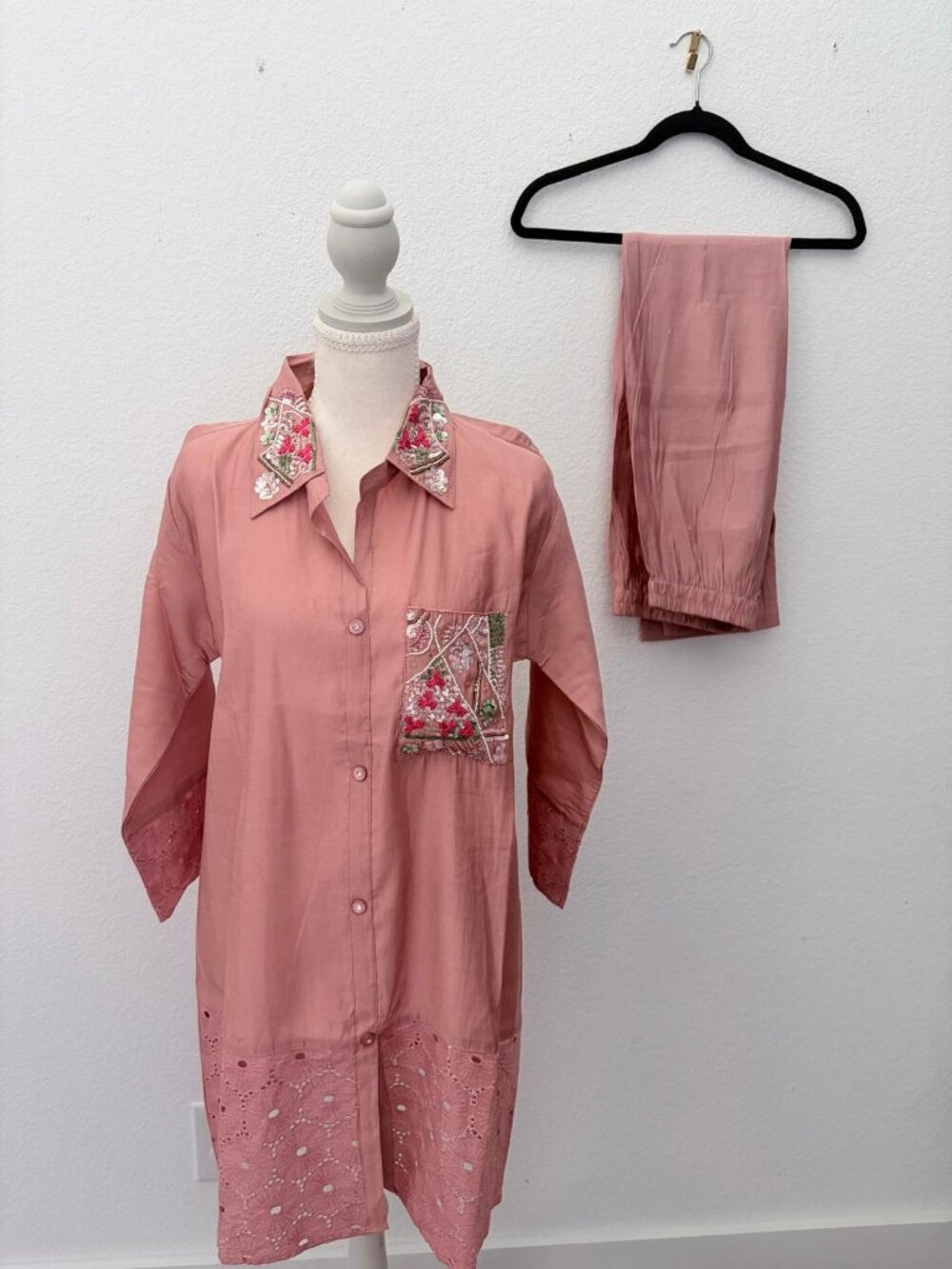 Blush Pink Embroidered 2pc Coord Set Shirt Dress & Pants